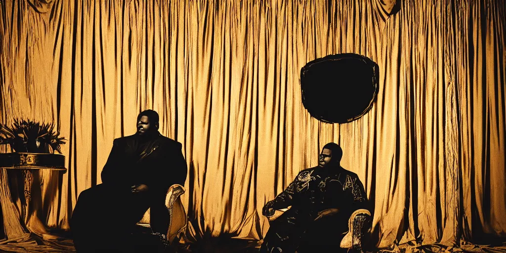 Image similar to photo style of nick fancher, portrait of silhouette of big black man sitting on throne, background made of big curtains