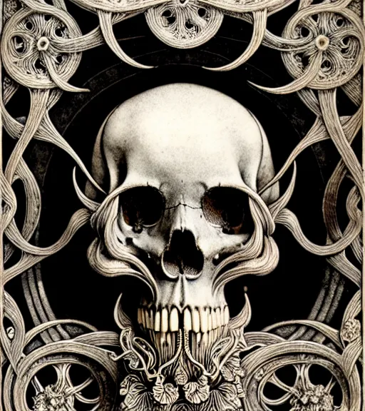 Image similar to art forms of nature by ernst haeckel, memento mori by arthur rackham, ornate antique porcelain beautiful skull mask, ultrasharp, photorealistic, hyperdetailed, octane render, polished, art nouveau, neo - gothic, gothic, intricate ornamental organic filigree, art nouveau botanicals, art forms of nature by ernst haeckel, horizontal symmetry, symbolist, visionary