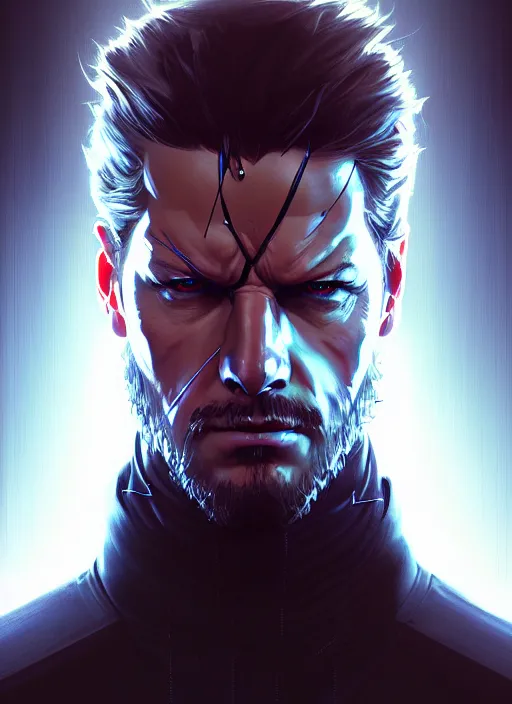 Image similar to symmetry!! portrait of solid snake, metal gear solid, tech wear, glowing lights!! intricate, elegant, highly detailed, digital painting, artstation, concept art, smooth, sharp focus, illustration, art by artgerm and greg rutkowski and alphonse mucha