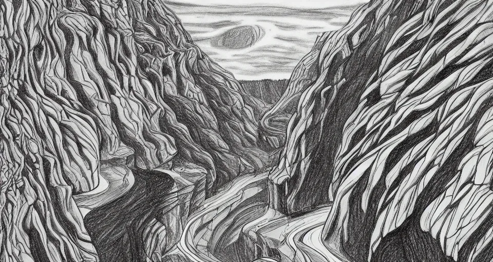 Image similar to a drawing of a canyon, an album cover by alson s. clark, tumblr contest winner, underground comix, concert poster, official art, poster art