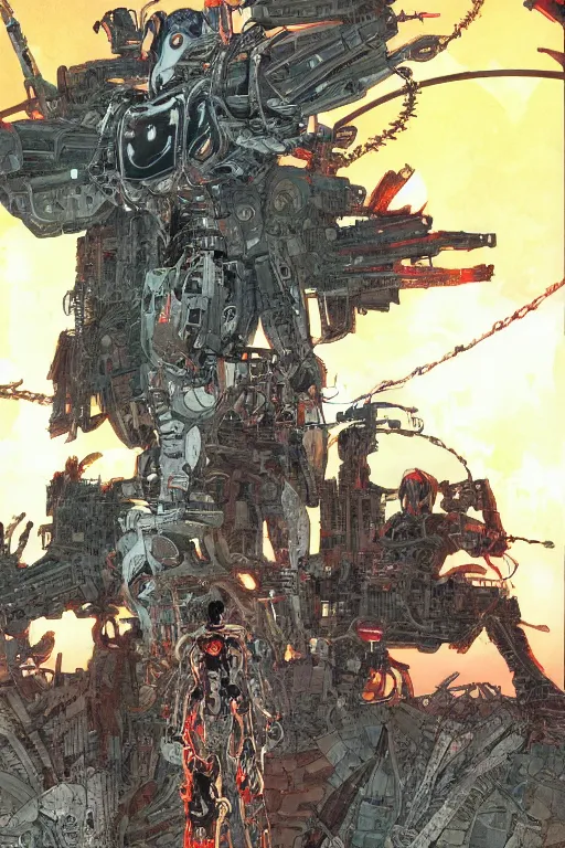 Prompt: cyborg bounty hunters at dusk, a color cover illustration by tsutomu nihei, tetsuo hara and katsuhiro otomo