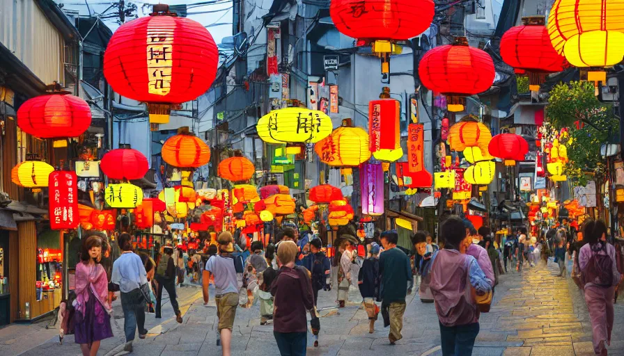 Prompt: a vibrant dream of many types of japanese lanterns on a fancy street in kyoto japan during the day, lush plants, magic details, by moebius, edward hopper, james gilleard, and james jean, hd, 8 k, trending on artstation, uhd,