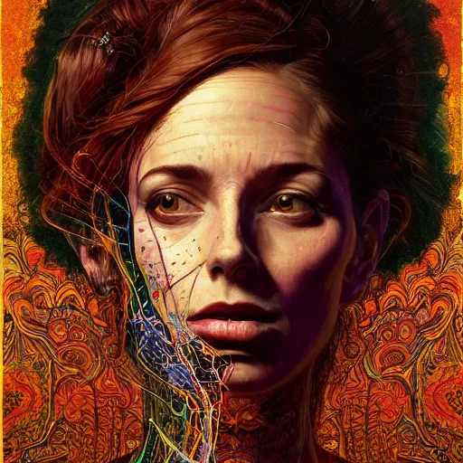 Image similar to Portrait of beautiful woman, surrounded by neural vivid realm, dark babylonian surrealism, painted part by francis bacon, part by jeffrey smith, part by josan gonzales, part by dan mumford, part by norman rockwell, part by gustave moreau, artstation, 4K, highly detailed,