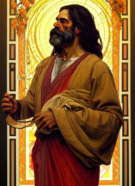 Prompt: oil portrait of homer christ, intricate, elegant, highly detailed, lighting, painting, artstation, smooth, illustration, art by greg rutowski and alphonse mucha