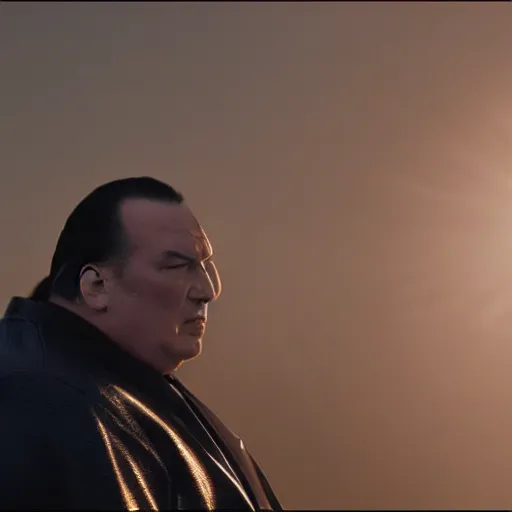 Image similar to from the movie a still of steven seagal as a fat batman, cinematic, studio lighting. god rays through fog. 4 k