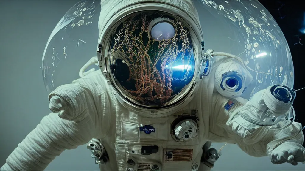 Image similar to a cybernetic symbiosis of a single astronaut eva suit with diamond 3d fractal lace iridescent bubble 3d skin covered with insectoid compound eye camera lenses floats through the living room, film still from the movie directed by Denis Villeneuve with art direction by Salvador Dalí, wide lens,