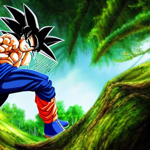 Image similar to photorealistic Goku wall paper in a forest beautiful scenery