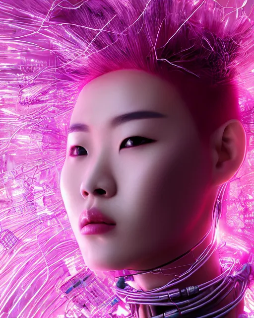 Image similar to portrait of a beautiful asian woman with pink hair as a cyberpunk cyborg half robot, skin open to reveal wires and electronics, sci - fi, missing panels, intricate abstract upper body intricate artwork, concept art, octane render, deviantart, cinematic, key art, hyperrealism, iridescent accents, portrait photograph, nikon 3 5 mm, photograph by greg rutkowski