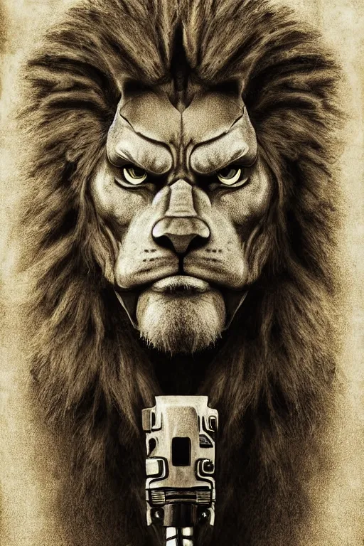 Image similar to lion - o from thundercats, portrait, full body, symmetrical features, silver iodide, 1 8 8 0 photograph, sepia tone, aged paper, sergio leone, master prime lenses, cinematic