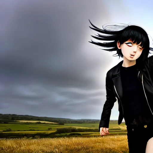 Image similar to 1 7 - year - old pale - skinned anime girl with black long bob cut, long bangs, black gothic jacket, black jeans, flying through sky, jumping through clouds, late evening, blue hour, cirrus clouds, pearly sky, ultra - realistic, sharp details, subsurface scattering, blue sunshine, intricate details, hd anime, 2 0 1 9 anime