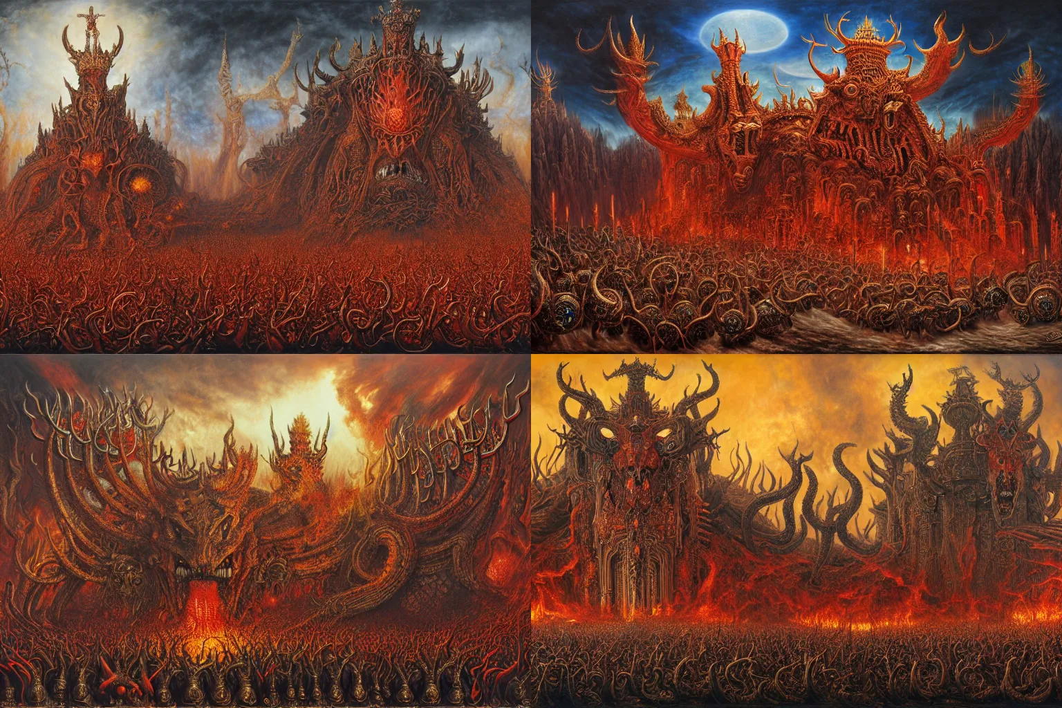 Prompt: diadems, crowns, on a ten horned beast with seven heads, fiery red, detailed, intricate, matte painting by Mariusz Lewandowski, Giger and Jacek Yerka