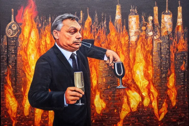 Prompt: viktor orban drinking champagne in front a burning city, highly detailed eyes, oil on canvas