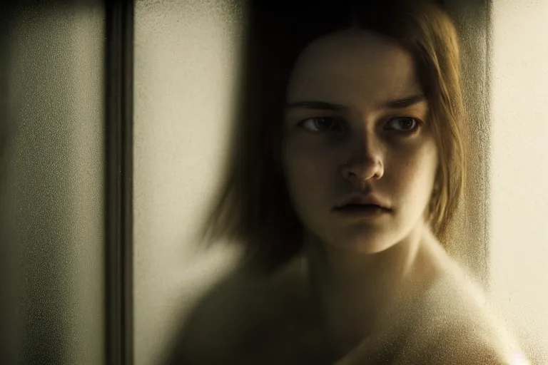 Prompt: an ultra realistic, cinematic, close up portrait, of a young woman, looking in the window, fire, dramatic, soft light, dreamy, facial features, stood in a cell, with prison clothing, detailed, deep focus, movie still, dramatic lighting, ray tracing, by michal karcz and yoshitaka