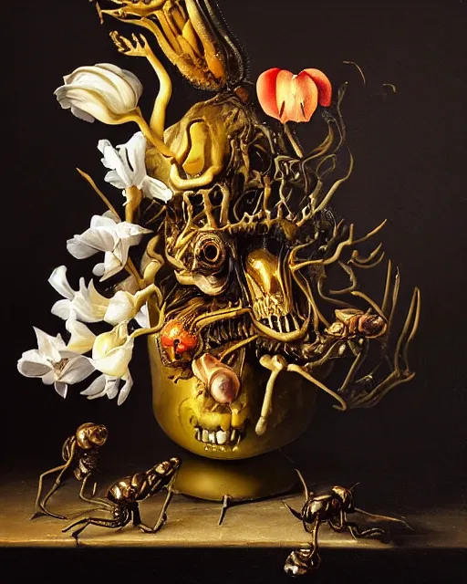 Image similar to refined gorgeous blended oil painting with black background by christian rex van minnen rachel ruysch dali todd schorr of a chiaroscuro portrait of an extremely bizarre disturbing mutated man made of still life flowers and rubber insects with shiny skin acne dutch golden age vanitas intense chiaroscuro cast shadows obscuring features dramatic lighting perfect symmetry perfect composition masterpiece