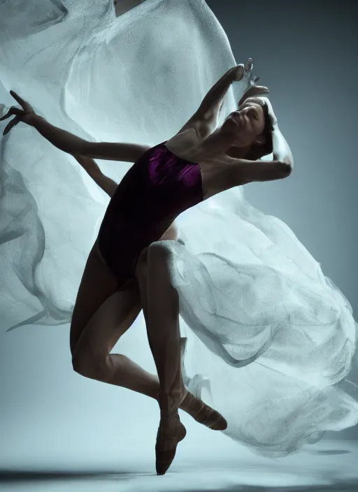 Prompt: a photorealistic dramatic hyperrealistic render of a glamorous beautifulanime in bikini dancer by ken brower and deborah ory of nyc dance project, lois greenfield, flowing cloth and smoke, beautiful dynamic dramatic dark moody lighting, volumetric, shadows, cinematic atmosphere, octane render, 8 k