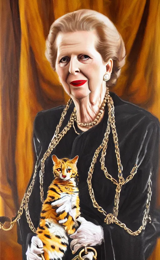 Image similar to an oil portrait of margaret thatcher in ceremonial robe keeping distressed servals in chains at her feet, high quality, artstation, higly detailed, dark lighting