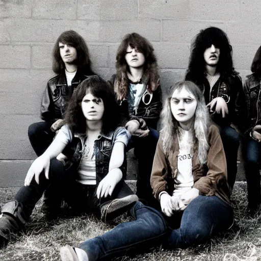 Image similar to group of 1 9 - year - old girls with shaggy wavy hair, wearing double denim, proto - metal band promo, heavy rock band promo photo, 1 9 7 5 photo