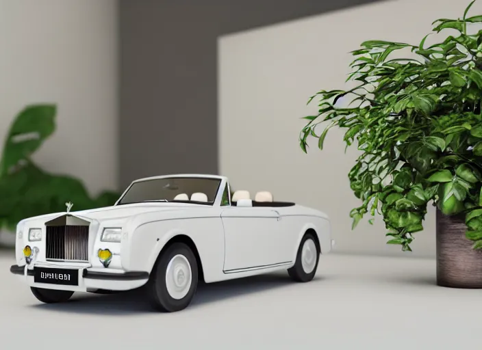 Image similar to a small miniature of a Rolls Royce Corniche Cabrio on a white table near a vase with a plant, 3d render, octane render, unreal engine 5, path tracing, serene landscape, calm, relaxing, beautiful landscape, highly detailed, high quality, 4k, symmetrical, low contrast