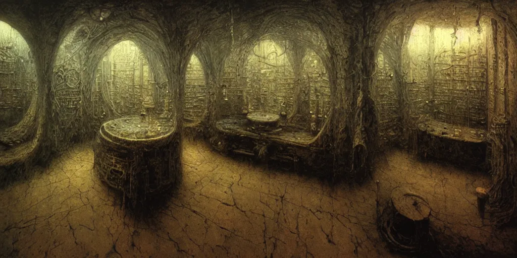 Prompt: detailed room of alchemist by Beksinski, Luis Royo