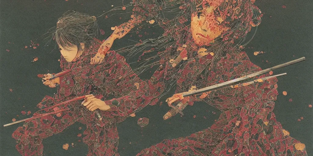 Image similar to Japanese schoolgirl runs away from Samurai with a katana on the subway, high detailed Beksinski painting, part by Adrian Ghenie and Gerhard Richter. art by Takato Yamamoto. deep colours