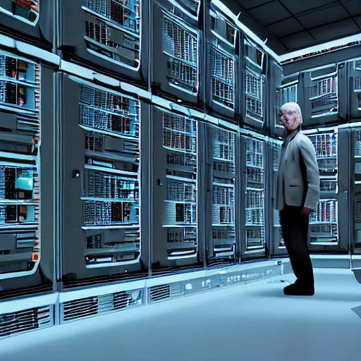 Image similar to hyperrealism detailed photography scene from stanley kubrick movie of highly detailed stylish system administrator from 2 0 7 7's as droid in josan gonzalez, gragory crewdson and katsuhiro otomo, mike winkelmann style with many details working at the detailed data center by laurie greasley hyperrealism photo on dsmc 3 system volumetric epic light rendered in blender