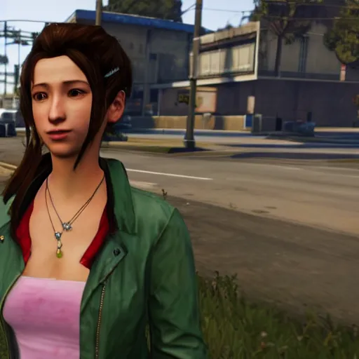 Image similar to Screenshot of Aerith Gainsborough in the game GTA V, highly detailed