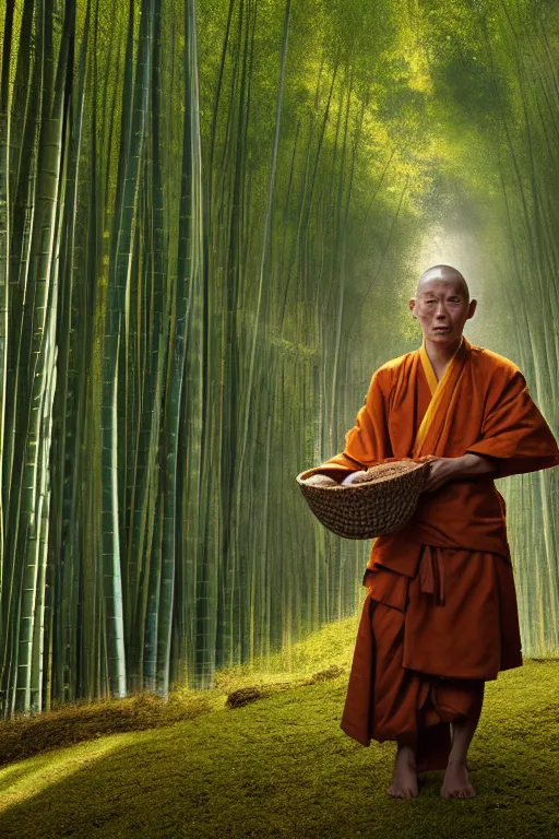 Prompt: a komuso monk wearing a straw basket worn on the head in a mysterious japanese bamboo forest with light shafts, atmospheric lighting, by greg rutkowski, ultra realistic, concept art, intricate details, highly detailed, photorealistic, octane render, 8 k, unreal engine