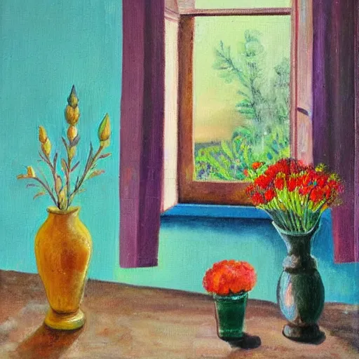 Prompt: cat on the table, flowers in vase, window with plant, village, oil painting