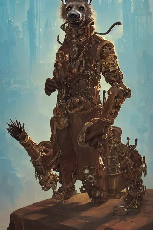 Image similar to anthropomorphic hyena as steampunk half - cyborg, western, high fantasy, dnd, smooth, sharp focus, illustration, highly detailed, digital painting, artstation, concept art, by disney animation, rossdraws, alphonse mucha, frank fanzzeta, collectible card art