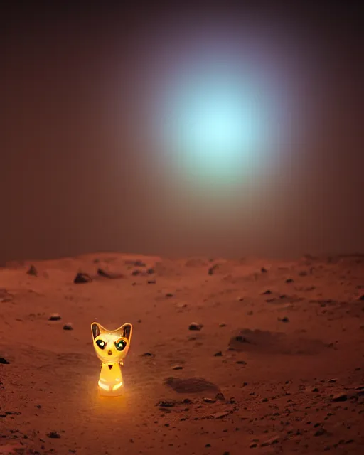 Image similar to high quality presentation noght photo of an illuminated cat-like female robot on mars, photography 4k, full body, f1.8 anamorphic, bokeh, 4k, Canon, Nikon