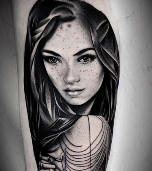 Prompt: a beautiful girl faded in a mountain background, realism tattoo, in the style of den yakovlev, black and white, hyper realistic, highly detailed