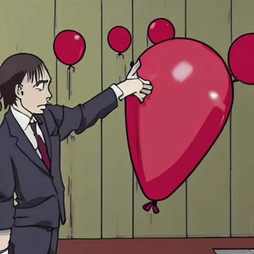 Image similar to saul goodman throwing dart at red ballon, still from anime