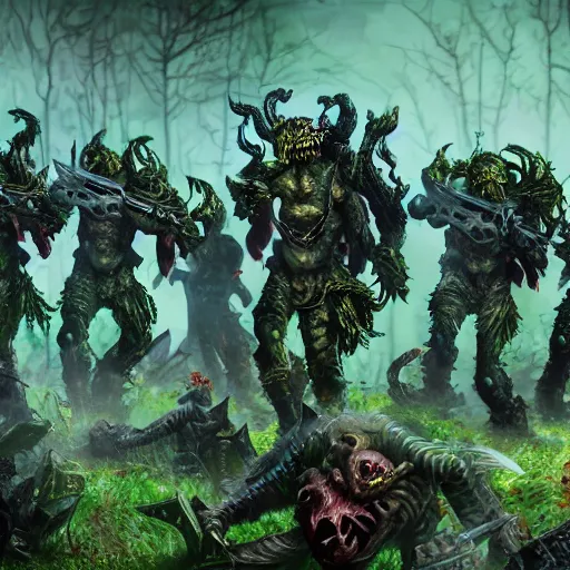 Prompt: squad of beautiful armed zombie girls in army of nurgl warhammer in fantasy forest between a trees fighting monster, dark fantasy, highly detailed, trending on artstation, Unreal Engine 4k, cinematic wallpaper