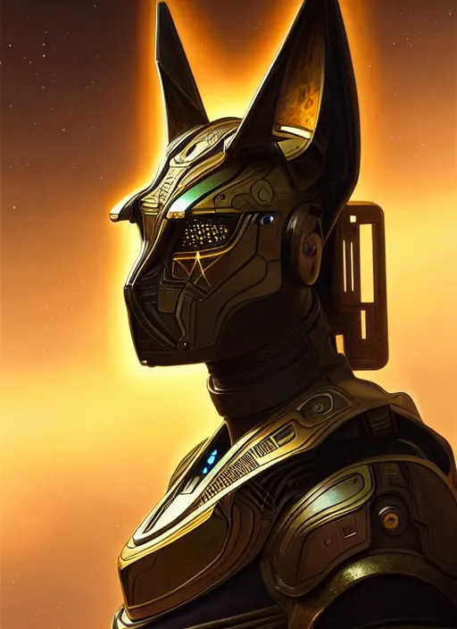 Prompt: portrait of an Anubis, sci-fi armour, tech wear, glowing lights!! sci-fi, intricate, elegant, highly detailed, digital painting, artstation, concept art, smooth, sharp focus, illustration, art by artgerm and greg rutkowski and alphonse mucha