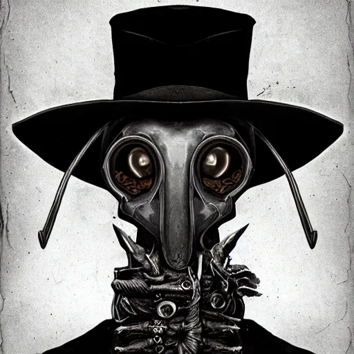 Prompt: a portrait of a plague doctor gunslinger, dark fantasy, horror, western, hell, ultrafine detailed digital pencil art by takeshi obata and mike mignola and irving penn, death note style, colored, symmetric body, cgsociety, sharp focus, detailed face, looking at the camera and pointing with a big gun