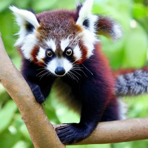 Prompt: a full grown hybrid red panda - lemur - cat - raccoon, cute hybrid, wlop