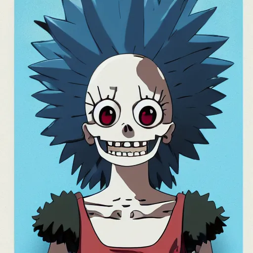 Image similar to manga fine details portrait of joyful skull girl, floeers in hair, marge simpson, skeleton. anime masterpiece by Studio Ghibli. 8k render, sharp high quality anime illustration in style of Ghibli, artstation