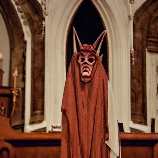 Image similar to satanic demonic creature on a church altar, realistic, horror, evil