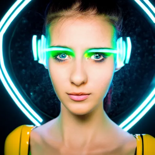 Image similar to cute young woman with robot ears and eyes, 4k, sharp focus, neon colored fluorescent lighting, René Laloux