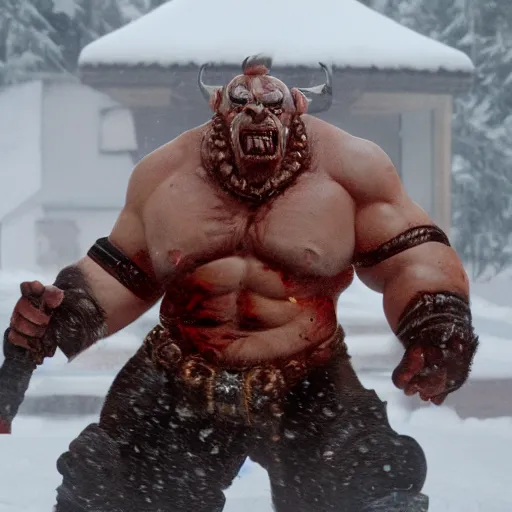 Prompt: garrosh hellscream in a movie home alone 4k still shot