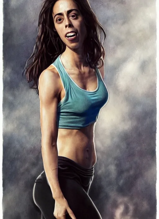 Image similar to full length photo of a very sweaty Oona Chaplin in a tanktop in the style of stefan kostic, full slim body, screaming. not realistic, sharp focus, 8k high definition, insanely detailed, intricate, elegant, art by stanley lau and artgerm