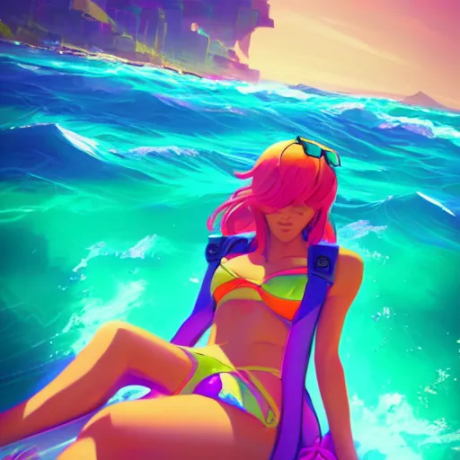 Prompt: neon bikini woman in the ocean | hyperrealistic digital painting by makoto shinkai, ilya kuvshinov, lois van baarle, rossdraws | afrofuturism in the style of hearthstone and overwatch, trending on artstation