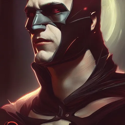 Image similar to portrait of Batman but as a vampire, intricate, headshot, highly detailed, digital painting, artstation, concept art, sharp focus, cinematic lighting, illustration, art by artgerm and greg rutkowski, alphonse mucha, cgsociety