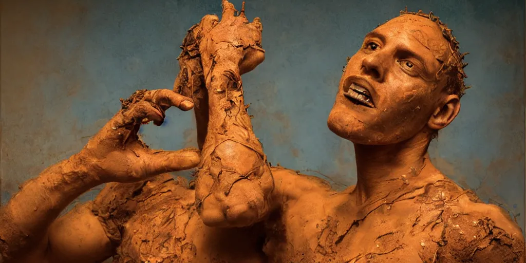 Image similar to highly detailed photography of a men made of rust clay with fire, rocks, hand gesture, dust particles, dirt, dramatic scene, aesthetic dynamic lighting, masterpiece, by roberto ferri, blue background, high quality, spatula