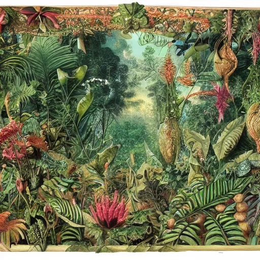 Prompt: jungle scene, leaves, vines, flowers, intricate details, volumetric lighting, vivid colors, panorama, Artwork by Ernst Haeckel + Maria Sibylla Merian