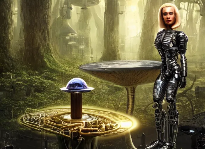 Image similar to photo of an intricate and sophisticated terminator woman with borg enhancements, blonde hair sitting on a giant mushroom in a weird magical mechanical forest and drinking a cup of tea. Very detailed 8k. Fantasy cyberpunk horror. Sharp. Very detailed facial complexion