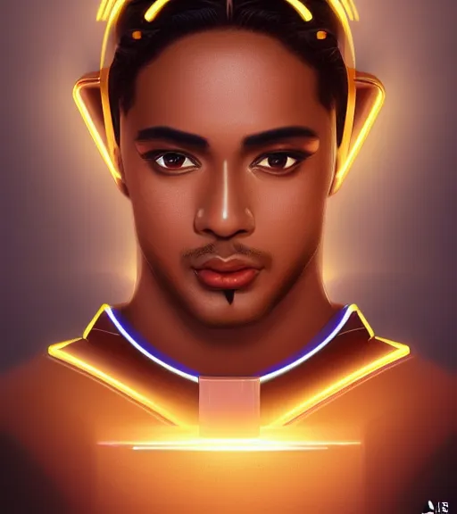 Image similar to symmetry!! egyptian prince of technology, solid cube of light, hard edges, product render retro - futuristic poster scifi, lasers and neon circuits, brown skin man egyptian prince, intricate, elegant, highly detailed, digital painting, artstation, concept art, smooth, sharp focus, illustration, dreamlike, art by artgerm