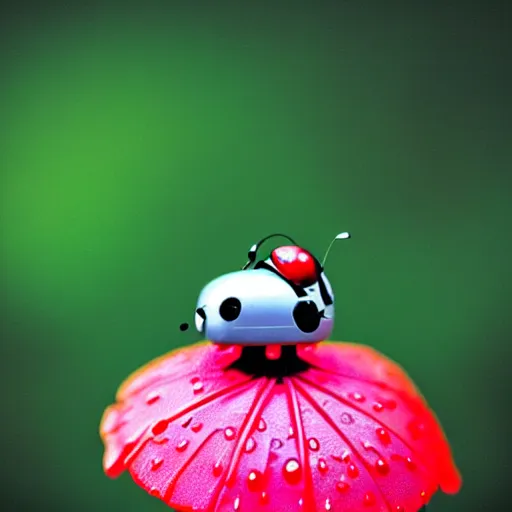 Image similar to a cute tiny robot holds a big flower up in the rain, a ladybug is beside the robot, award winning macro photography, kodachrome, dramatic lighting