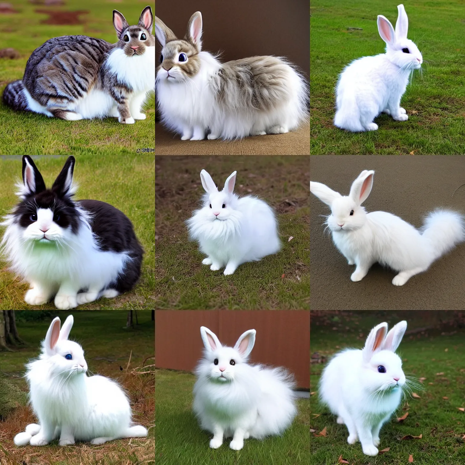Prompt: Realistic bunny-cat hybrid with long curly white fluffy fur and extra long tail