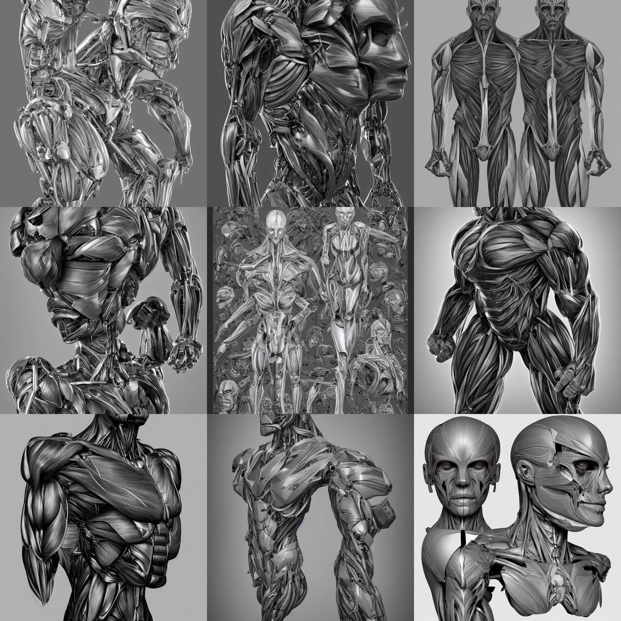 Prompt: symmetry!! face muscular anatomy concept, medical anatomy, cybernetic implants, gun metal grey, mecha, muscular system reference, anatomical art, digital art, in the style of amanda lilleston, luka mivsek, bryan christie, ranjit ghosh, artstation, pinterest, deviantart, photoshop, octane render, unreal engine